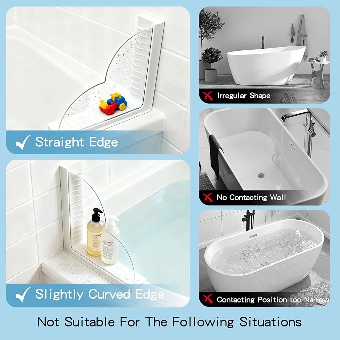 Bathtub Shower Splash Guard with Storage, Silicone Water Blocker | Dual suction cups no-drill install, Acrylic silicone water blocker for tub, shower & sink, Organizes bath essentials