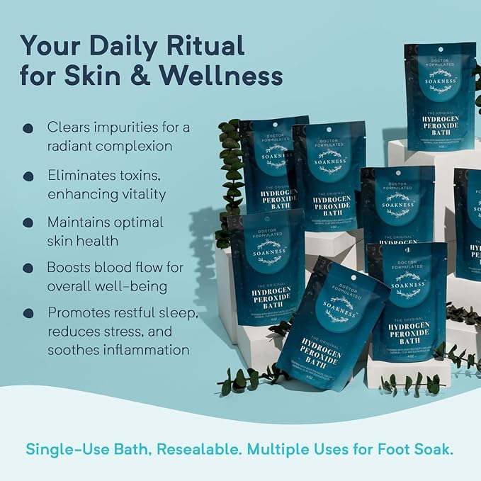 Soakness Hydrogen Peroxide Epsom Salt Bath Soak - USA-Made – Patented Bath Salts, Muscle Recovery, & Skin Detoxification – Magnesium Salts for Bathing - Doctor Formulated Pure Epsom Salt (6-Pack)