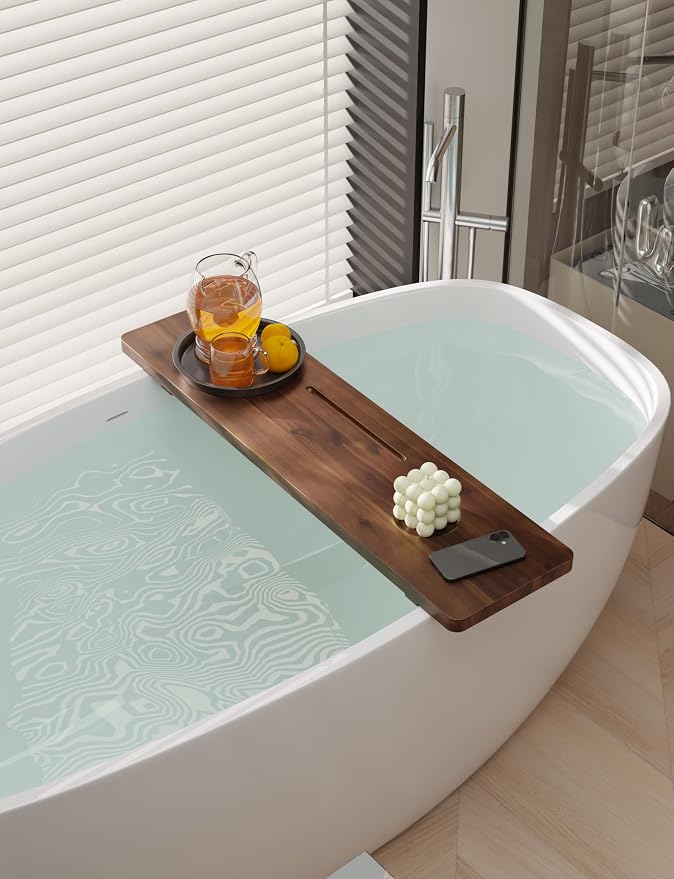Tinamo 35”L Wooden Bathtub Tray, Bathtub Caddy Tray For Tub with Tablet Slot & Wine Holder - Acacia Bath Tray For Tub, Bath Table - Bathtub Tray Table with Adjustable Legs (Walnut color, 35"x 9"x2.5") | Acacia Wood, 35" x 9" x 2.5", Adjustable Width, B...