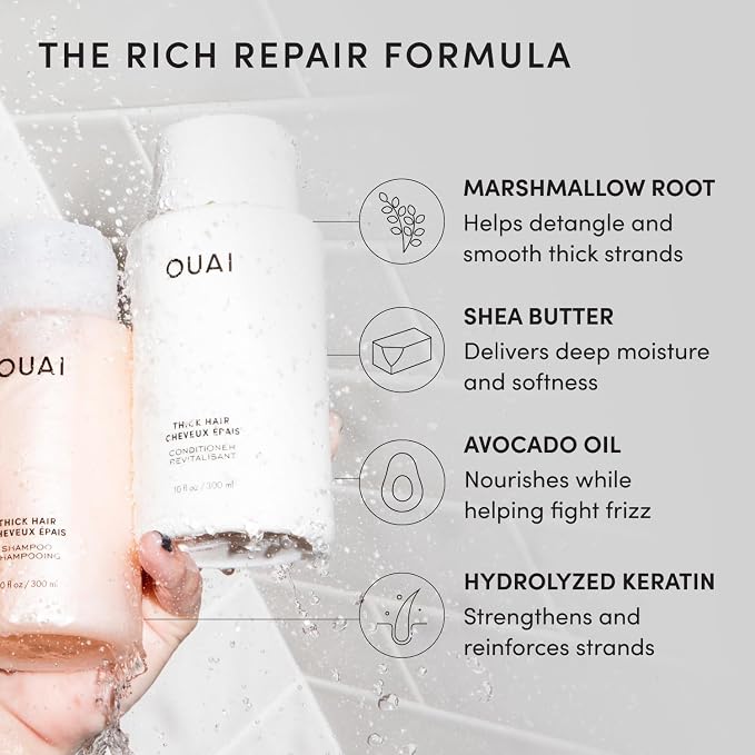 OUAI Thick Hair Shampoo & Conditioner Set, Travel Size - Moisturizing Shampoo & Conditioner - With Keratin, Marshmallow Root, Shea Butter & Avocado Oil - Sulfate, Paraben & Phthalate Free (3 Oz)