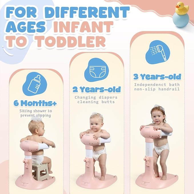 Orzbow Baby Shower Stand, Collapsible Baby Bath Stand with Foldable Chair, Adjustable Height Toddler Shower Standing Support for Infant 6-36 Months, Anti-Slip Base, Easy-Use, Pink