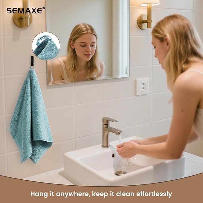 SEMAXE 12-Pack Blue Cotton Hand Towels for Bathroom with Hanging Loops | Sink-side towels for drying hands and face, ideal for bathrooms, guest baths, powder rooms, OEKO-TEX certified, easy care