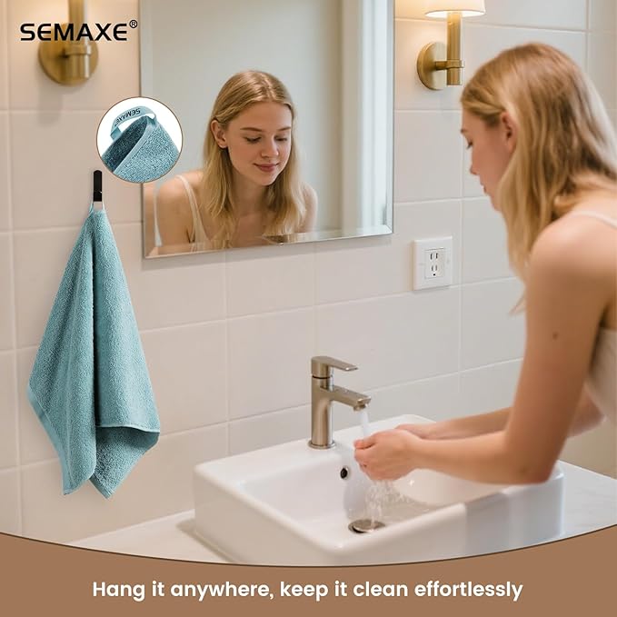 SEMAXE 4-Pack Blue Cotton Hand Towels for Bathroom with Hanging Loops | Sink-side towels for drying hands and face, ideal for bathrooms, guest baths, powder rooms, OEKO-TEX certified, easy care