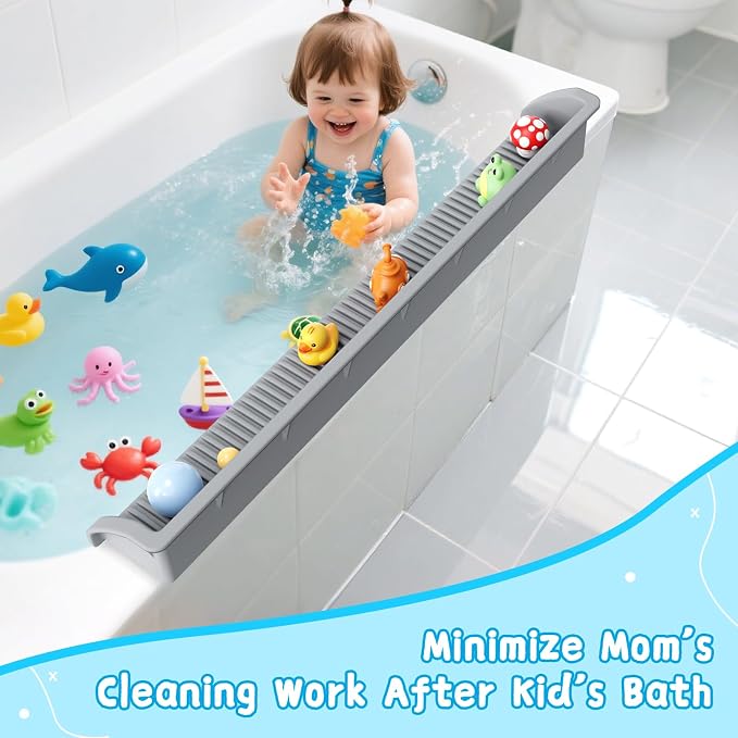 3 Ft Bathtub Splash Guard for Tub Kids, Bath Tub Toy Holder Storage Play Shelf, Longer Silicone Water Splash Guard for Bathtub with Strong Suction Cups, No Mess Water Spill in Bathroom, Grey