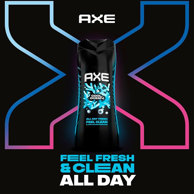 AXE Cool Ocean Men's Body Wash With Essential Oils 12H Refreshing Scent Body Wash For Men,Clean and Fresh Scent 16 oz,(Pack of 4)