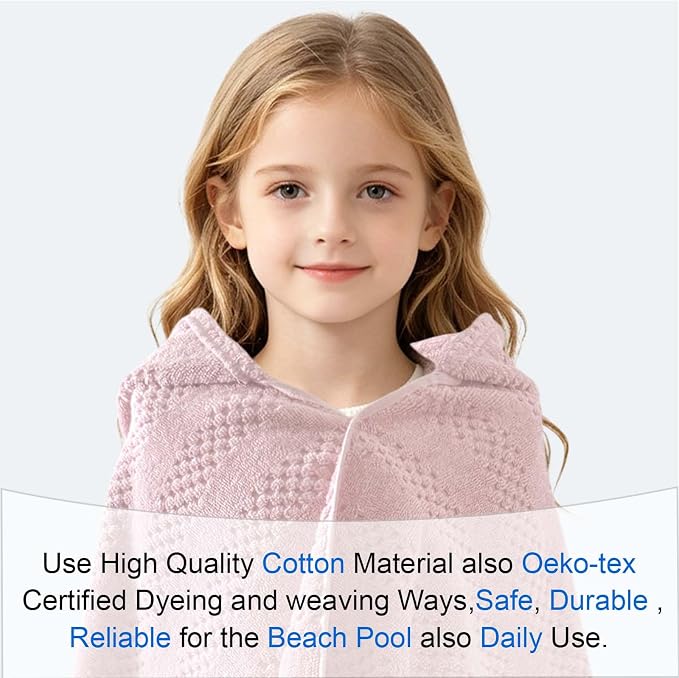 VOOVA & MOVAS Hooded Bath Towels for Kids | Soft Absorbent 100% Cotton Thick Towel Wrap | Versatile Beach, Pool, Swim & Bath Cover-Up | Pink Vertical Waffle