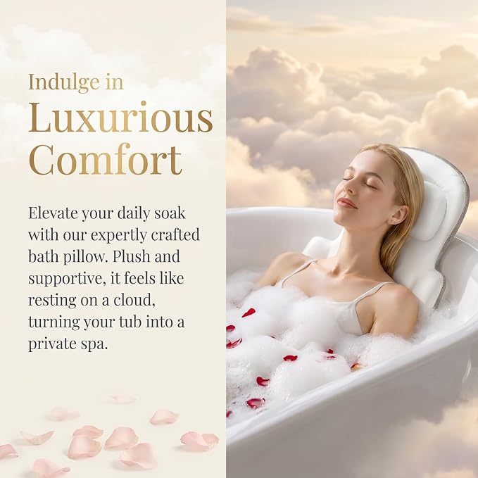 Full Body Bath Pillow, Luxury Bath Cushion with 192 Suction Cups, Bath Pillows for Tub for Head and Neck Support, with Laundry Bag White, 63" x 16"
