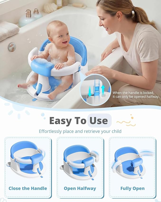 ONTHEWEI Baby Bath Seats for Babies Sitting Up, Non-Slip Baby Bathtub with 3 Suction Cups, Safe & Comfortable Toddler Bath Seat Ideal for Baby Bath/Shower Support, Stable Design, Blue (6-24 Months)