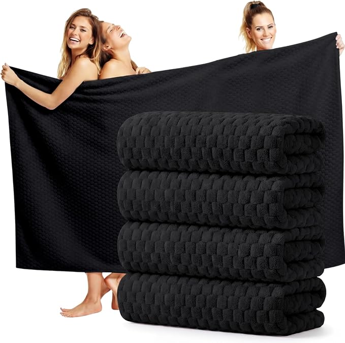 Peryiter 4 Pcs Oversized Bath Towels 40'' x 80'' Black Extra Large Microfiber Bath Sheet Jumbo Big Coral Velvet Highly Absorbent Bathroom Towels for Adult Body Beach Home