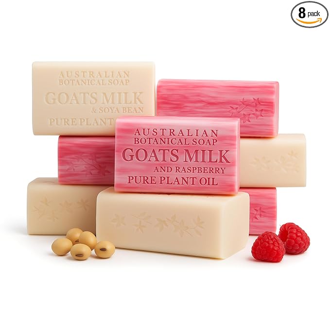 Australian Botanical Soap, Classic Goat Milk and Goat's Milk with Raspberry, 6.6 OZ, Triple Milled Bars made with Enriched with Organic Shea Butter, Pack of 8