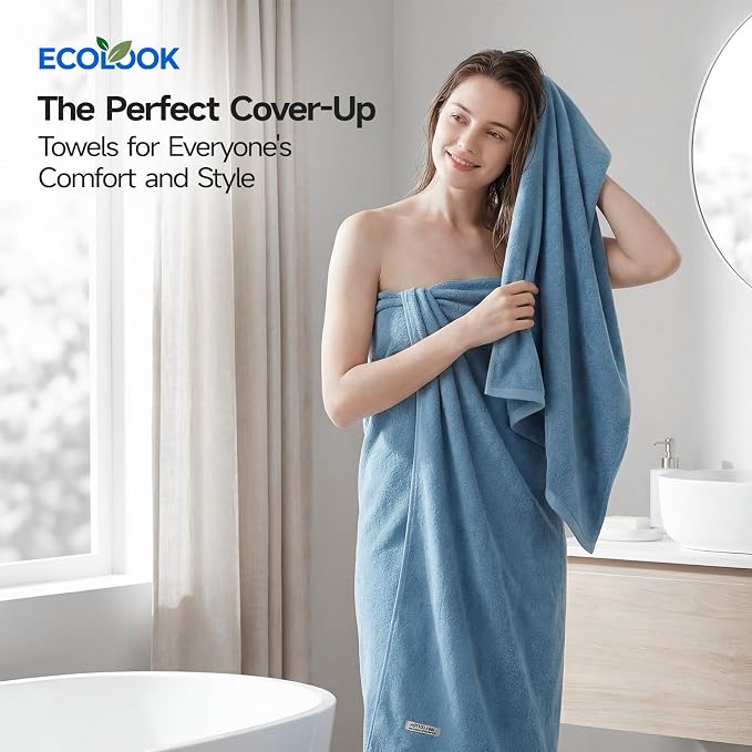 ecolook Bath Towels Set of 4,100% Cotton,27 x 55 Inches,Quick-Drying & Absorbent,Soft,Lightweight Towels for Bathroom,Shower,Spa, Gym & Hotel,Light Blue
