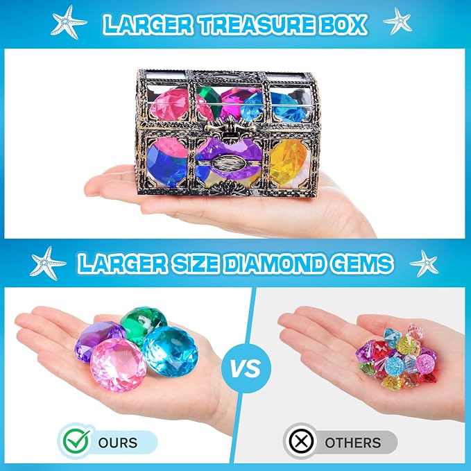 Diving Gem Pool Toy 10PCS DISHIO Big Colorful Diamond Diving Toy with Treasure Box Chest Pirate Pool Toys for Kids Toddlers Underwater Sinking Dive Gemstone for Swimming Bath Birthday Party Decoration