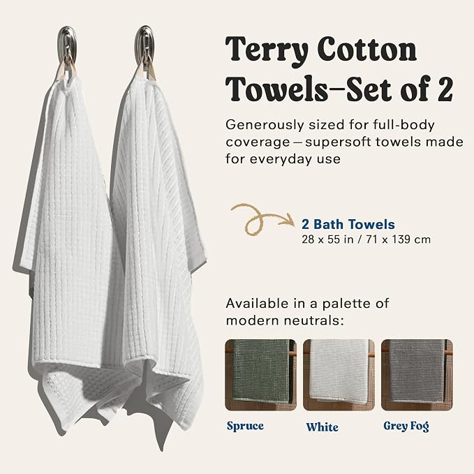ONSEN Sculpted Terry Bath Towels, 100% American Cotton, Quick Dry Lint Free, Lightweight Absorbent Bath Towel Set with Hanging Loop, 28x55 in (White, 2X Bath Towel)