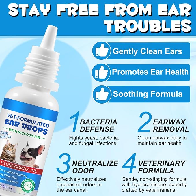 Ear Infection Treatment Drops for Dogs & Cats, Ear Cleaner Solution Drops for Dogs & Cats with 1% Hydrocortisone Soothing Yeast Infection, Itchy Ear Relief, Treats Ear Infections for Dogs - 2.02 fl oz
