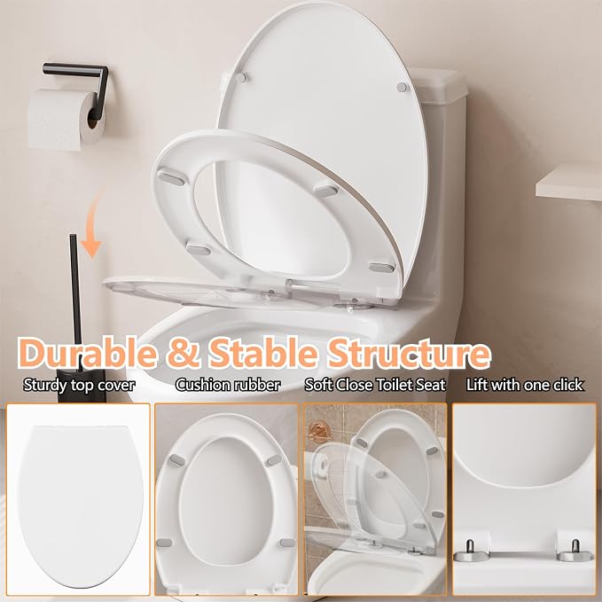 Round Toilet Seat Cover – PP Locking Hinge Toilet Seat with Flat Lid, White Slow Close Seat for Standard Round Toilets, Comfortable & Sturdy