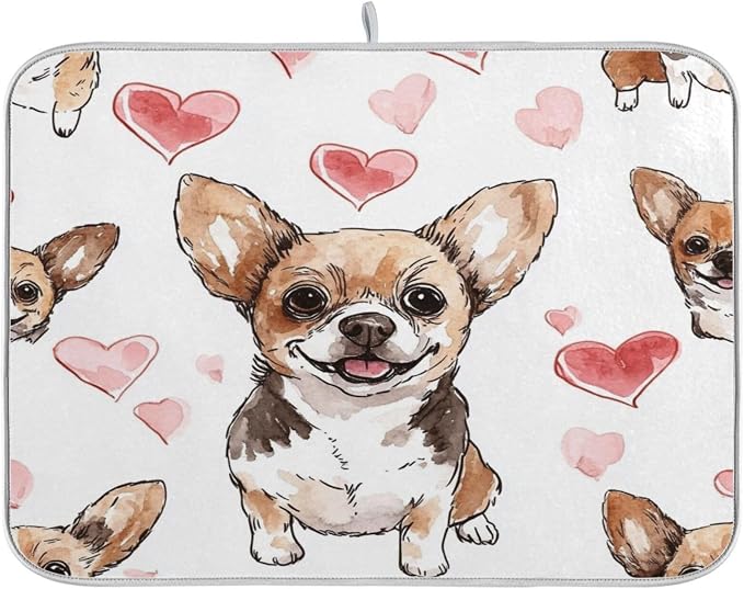 Chihuahua Dog Heart Absorbent Dish Drying Mat, Dishes Drainer Protector Pad Pot Holder for Kitchen 18 x 24 Inch