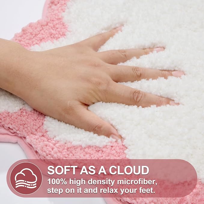 ORTIGIA Long Cute Scalloped Bathroom Rugs Runner, Fun White and Pink Plush Microfiber Scallop Bath Mats Non Slip Washable Quick Dry Absorbent, Rug Carpet for Bathtub Sink Laundry Room Bedroom, 17x47