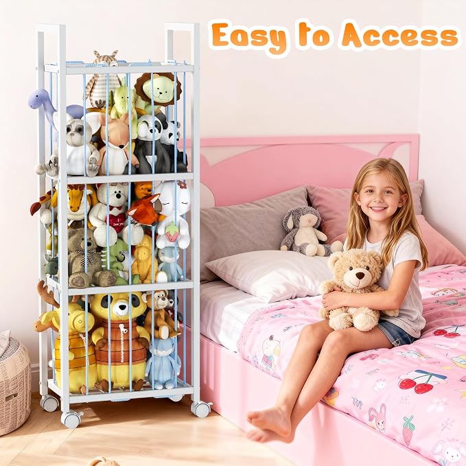 Stuffed Animal Storage, Metal Stuffed Animal Holder with Wheels & Elastic Cords, Space Save Toy Organizer, Large Capacity Stuffed Animal Zoo for Playroom, Bedroom, Nursery (54" Blue)