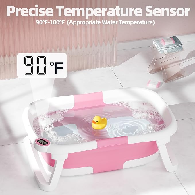Collapsible Baby Bathtub for Newborn to Toddler, Foldable Infant Bath Tub with Real-Time Thermometer, Removable Soft Bath Cushion & Drain Plug, Portable Travel Newborn Tub, Dark Pink