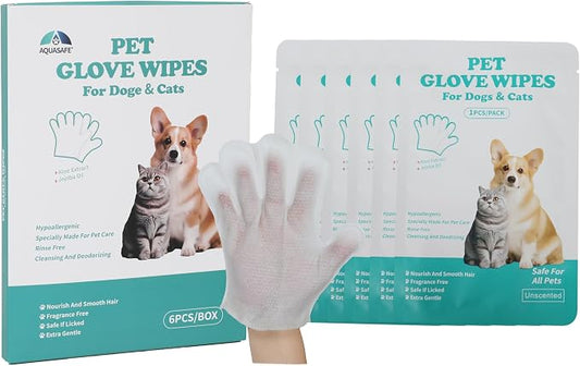AQUASAFE Pet Glove Wipes - No-Rinse Dog Grooming Wipes & Cat Bath Gloves | Unscented Hypoallergenic Dog Wipes, [6] Ct