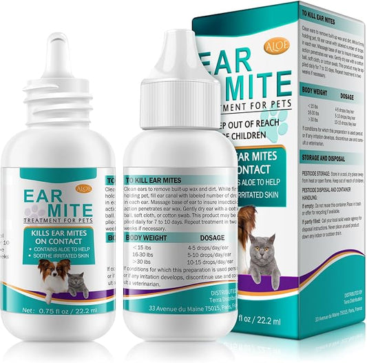 Ear Mites Treatment for Dogs and Cats,Dog Ear Infection Treatment Drops 0.75 Fl Oz | Relief for Dogs and Cats Suffering from Ear Mites, Pets Ear Cleaning Drops with Soothing Aloe for Dog & Cats