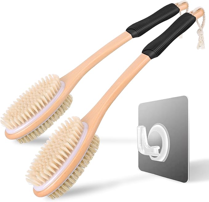Long Handle Ergonomically Back Scrubber/Brush for Shower, Double Sided Exfoliating Body Scrubber for Women and Men (Blue) (Black (2-Pack))