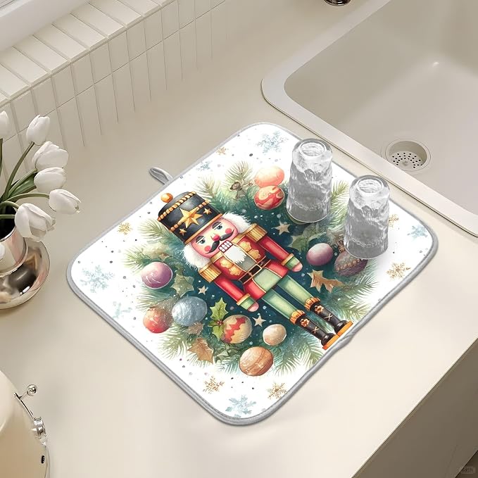 Watercolor Nutcracker Dish Drying Mat, Absorbent Drainer Mats for Kitchen Counter Coffee Maker 24"x18"