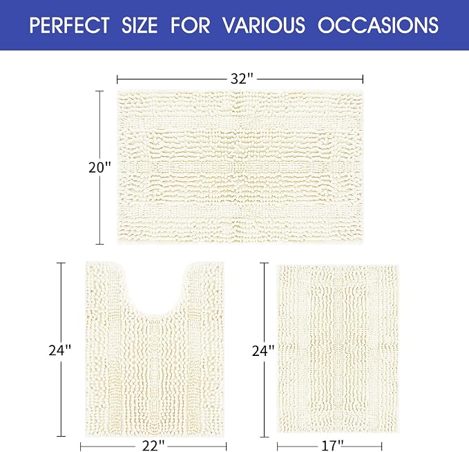 ACCUMTEK Striped Ice Cream Bathroom Rug Set 3 Pieces Ultra Soft, Non Slip Chenille Toilet Mat, Absorbent Plush Shaggy Bath Mats for Bathroom, Bedroom, Kitchen