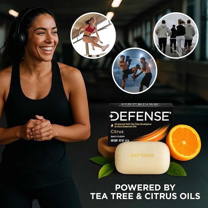 Defense Soap Citrus Bar – All Natural Tea Tree, Eucalyptus & Citrus Essential Oils – Post Workout Hygiene for Athletes, Sports & Active Lifestyles – Washes Away Sweat & Body Odor – 4.2 oz