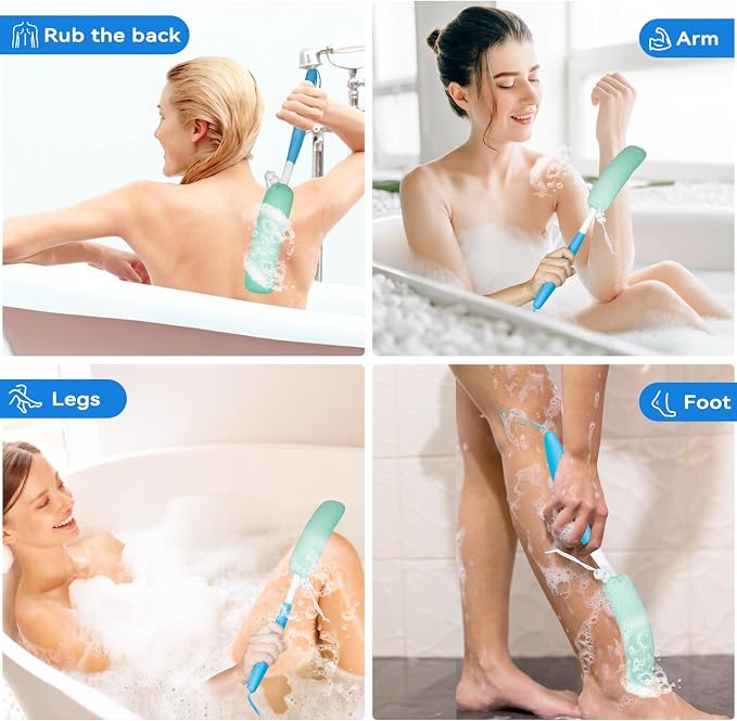 15.35" Back Bath Brush with Sponge,Back Scrubber Bath Mesh with Curved Long Handle Bath Body Brush for Elderly Aid Bathing and Shower