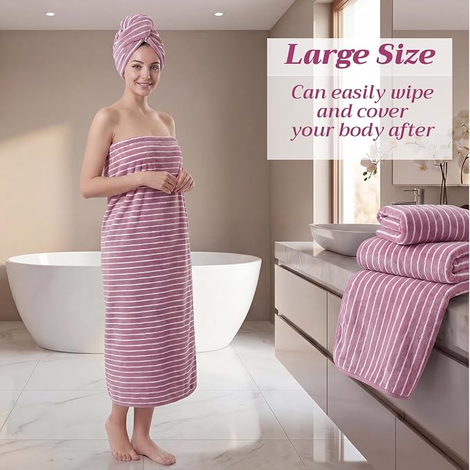 8 Pcs Oversized Bath Towels Set for Adults 40 x 80 Inches Extra Large Pink & White Striped Beach Towels Sheets Pool Shower Quick Jumbo Dry Absorbent Soft Microfiber for Hotel Bathroom