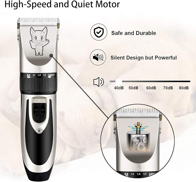 Highdas Dog Clippers for Grooming Low Noise, Cordless Electric Dog Grooming Kit Clippers Rechargeable, Quiet Dog Shaver, Pet Hair Trimmer Kit for Dogs & Cats (Silver)