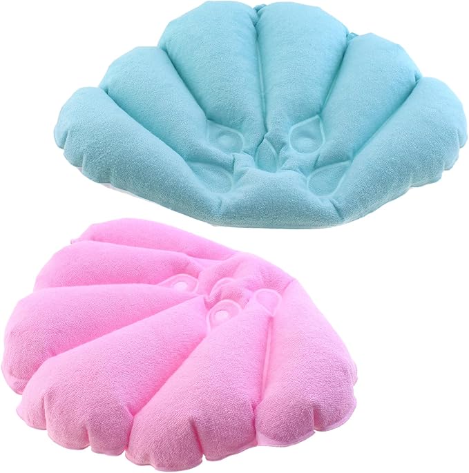 2PCS Shell Shaped Inflatable Towel Bath Pillow with Suction Cups Soft and Comfortable Cushion Neck Support