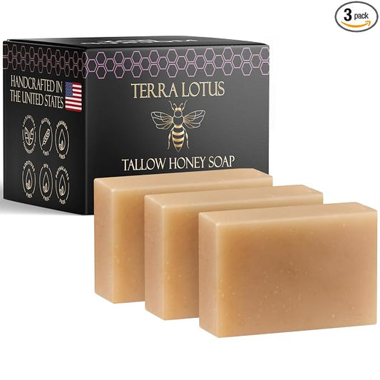 Terra Lotus - Organic Tallow Soap with Organic Castor Oil & Raw Honey - Hydrating & Nourishing - 3 Pack (Lavender)