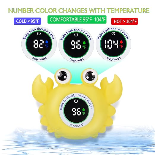 Baby Bathtub Thermometer with LED Display Screen+Yellow Crab toy-2-in-1 | Color Coded Alarm (Cold/Comfortable/hot) Bath Temperature Monitor, Adorable Floating Toys for Infants, Essential for Babies