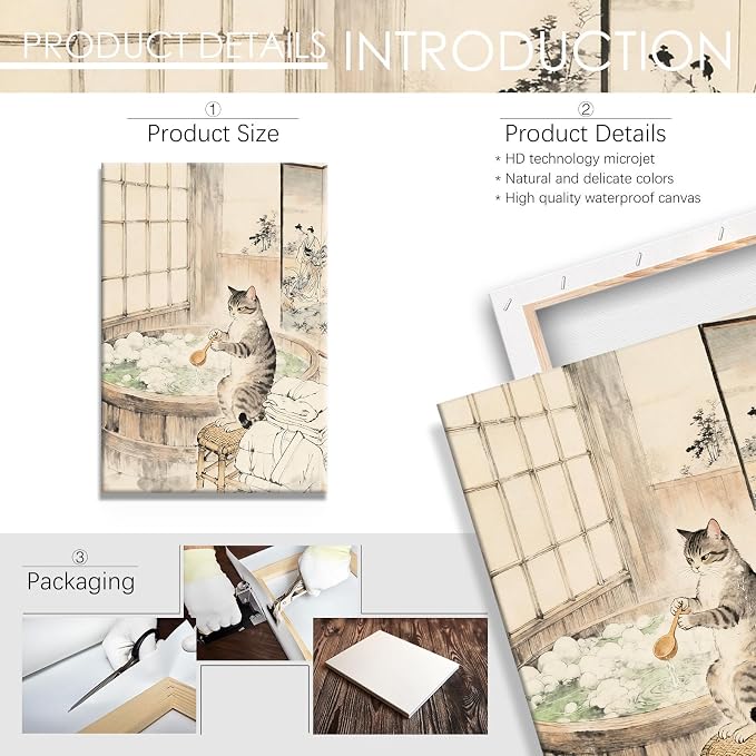 Whimsical Japanese Style Cat Hot Spring Bath Art Posters - Aesthetic Wall Prints for Home & Apartment Decor 20X30 in Wrapped Framed