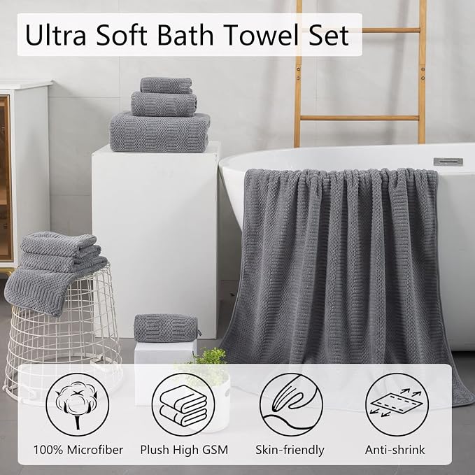 8 Pcs Gray Oversized Bath Towel Set-2 Extra Large Bath Sheets,2 Hand Towels,4 Washcloths Soft Bathroom Towels Highly Absorbent Quick Dry Beach Chair Towels Woven Towels for Hotel and Spa