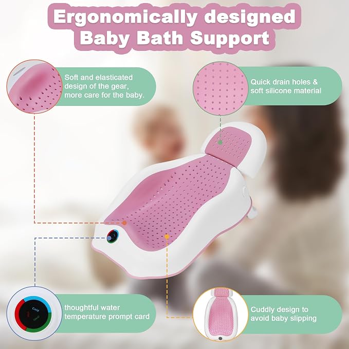 babove Baby Bath Support | Newborn Bathtub, With Thermometer, Collapsible, Ergonomically Designed, Baby Tubs for Newborn Essentials Must Haves (Pink)