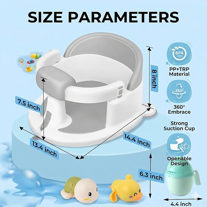 Seated Bath Seat for Baby Sitting Up - Non-Slip Plastic Bath Chair for Baby with Strong Suction Cups & 3 Toys, Safe Bathtub seat for Toddlers Babies 6-24 Months, (Gray, 14.4 x 13.4 x 7.5 Inches)