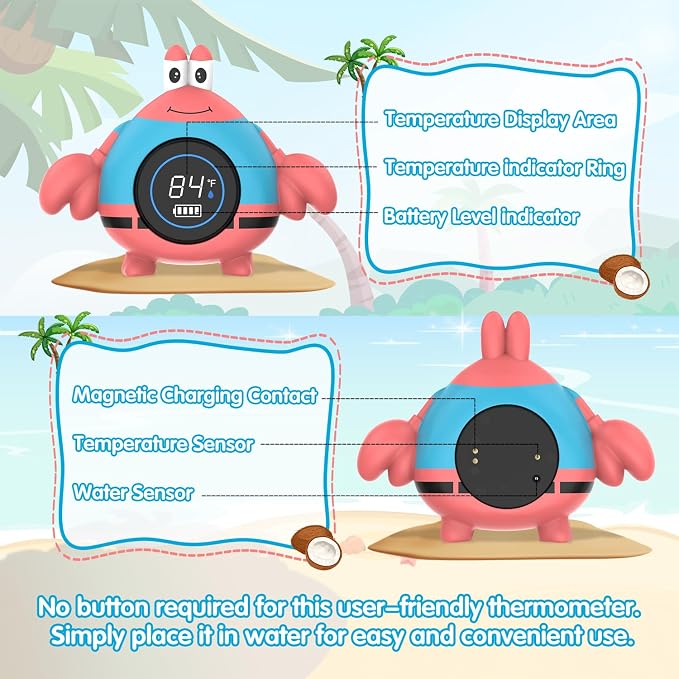 BabyElf Rechargeable Baby Bath Thermometer – Floating Crab Water Temperature Thermometer for Baby Bath, Automatic Sensing, Hot & Cold Alert, Waterproof Bathtub Thermometer for Newborns