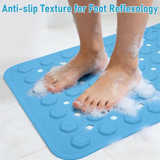 Silicone Anti Slip Bathtub Mat Bath Shower Non-Slip 35x16 for Standard Tub Kids for Elderly Safety Large Thick with Sensory Acupressure Textured Strong Suction Cups & Drain Holes Easy Clean & Dry