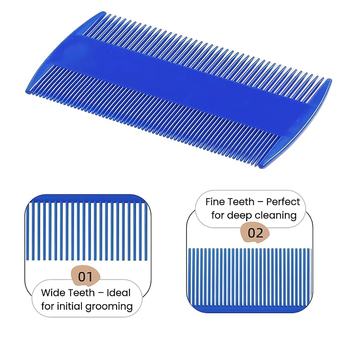 MEDUWEDU 5 Pack Flea & Lice Comb Set for Cats, Dogs & Kids – Stainless Steel Fine Tooth Nit Comb Kit with Double-Sided Tear Stain Remover, Grooming Brush & Peine para Piojos for Thick Hair (Blue)