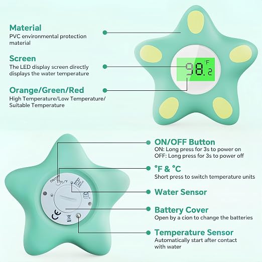 Baby Bath Thermometer for Infant & Toddler, Floating Digital Water Temperature Thermometer with 3-Color LED Backlight, Instant Accurate Reading,Baby Bath Toy,Hot & Cold Alert（Green starfish）