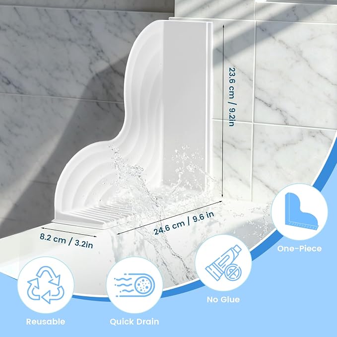 2 Pack Bathtub Splash Guard,Upgraded All-Silicone Strong Suction Cups, 5° Slope Fast Self-draining,No-Adhesive Reusable Shower Splash Guard for Bathtub,Shower,Kitchen,RV,Camper