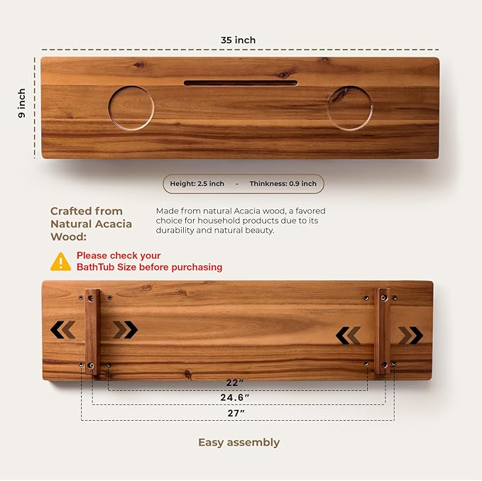 Tinamo Acacia Bathtub Caddy Tray Table | 35x9 Inch Large Bath Tub Wooden | Anti-Tipping, Sustainable Tub Tray for Bath tub | Bath-tub Accessories Holders for Bath-tub (Acacia, 35" x 9" x 2.5") | Acacia Wood, 35" x 9" x 2.5", Custom Legs, Phone/Tablet &...