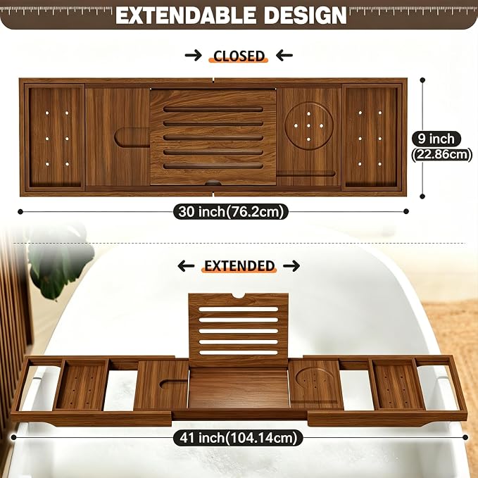 Expandable Solid Teak Wood Bathtub Caddy Tray, Adjustable Bath Tub Organizer for Bathroom Spa, Luxury Bath Accessories (Dark Natural Teak, Non‑Foldable Structure)
