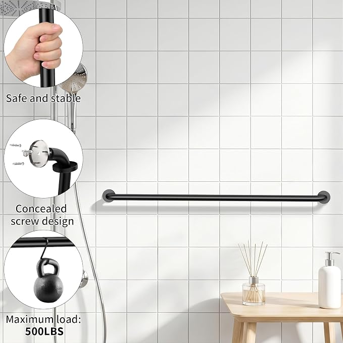 48 Inch Stainless Steel Shower Grab Bar, ZUEXT Matte Black Shower Handle, Bathroom Balance Bar, Safety Hand Rail Support Bar for Handicap Elderly Injury, Senior Assist Bath Tub Wall Concealed Mount