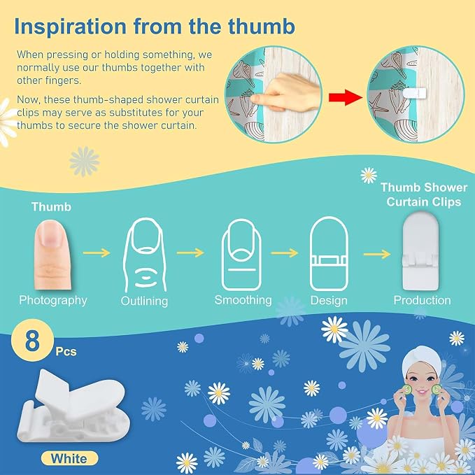 Thumb Shower Curtain Clips, Shower Splash Guard Holders, Bathtub Curtain Liner Clips for Windproof & Splash Water (White-8 Pack)
