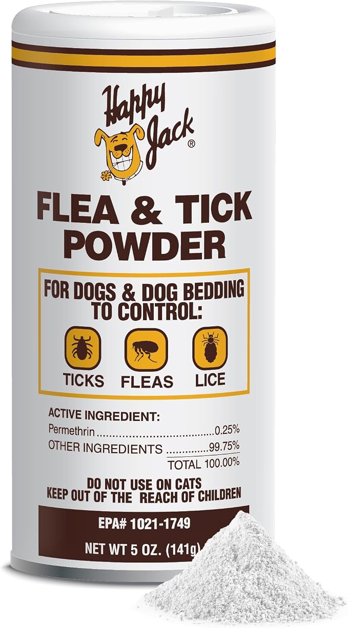 Happy Jack Flea and Tick Powder for Dogs & Puppies, Odorless, 5 oz | Flea Treatment & Control, Kills Pests, Ticks & Lice, Non-Staining, Dust on Sleeping Quarters & Dogs