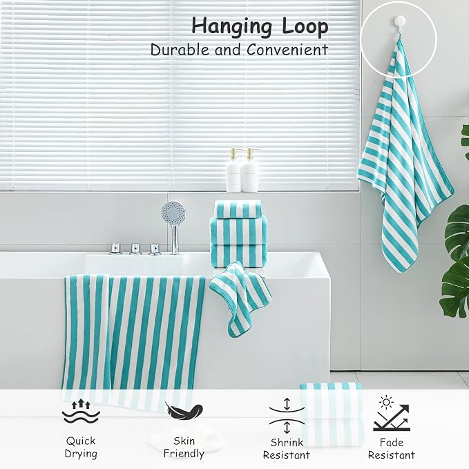 18 Pcs Turquoise Stripe Bath Towel Set with Hanging Loop-6 Bath Towels,6 Hand Towels,6 Washcloths Soft Family Towels Set Bathroom Towel Highly Absorbent Quick Dry Shower Towel for Beach Spa Gym Hotel